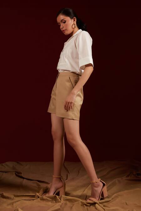 Buy Tara And I Beige Viscose 70% Plain Back Elasticated Waistband Shorts Buy_Tara And I_Beige Viscose 70% Plain Back Elasticated Waistband Shorts
