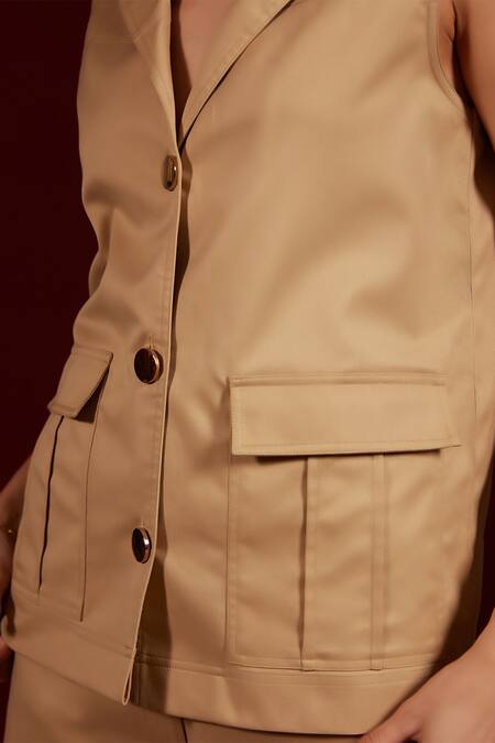 Tara And I_Beige Viscose, Polyester Collared Solid Sleeveless Jacket_Online_at_Aza_Fashions