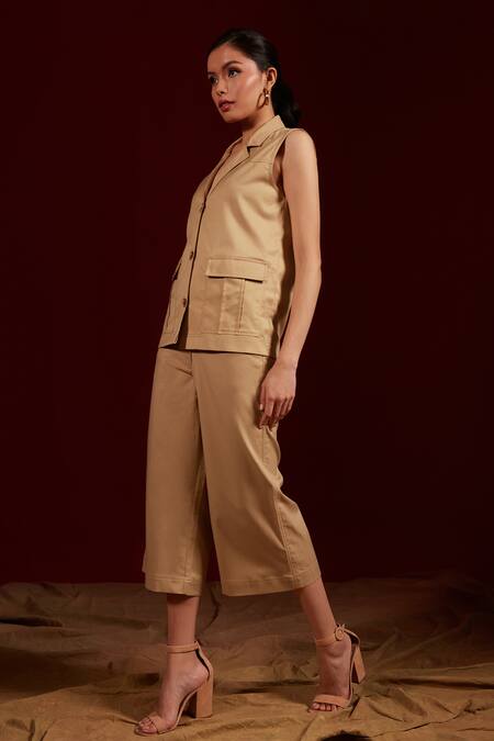 Tara And I_Beige Viscose, Polyester Collared Solid Sleeveless Jacket_at_Aza_Fashions