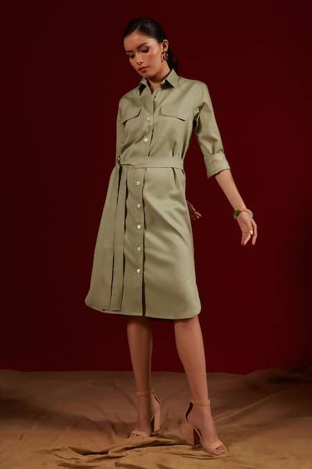 tara and i Double Pocket Plain Shirt Dress With Belt 