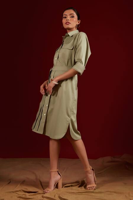 Shop Tara And I Green Viscose, Polyester Collared Mint Button Down Shirt Dress Online at Aza Fashions Shop_Tara And I_Green Viscose, Polyester Collared Mint Button Down Shirt Dress_Online_at_Aza_Fashions