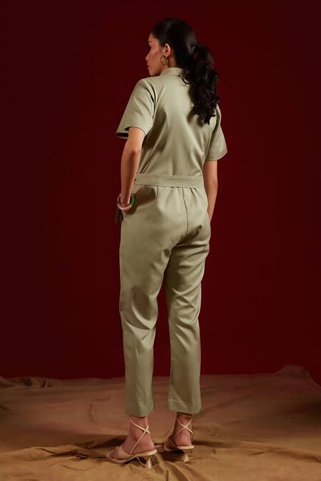 Shop Tara And I Green Viscose, Polyester Collared Double Pocket Jumpsuit With Belt at Aza Fashions Shop_Tara And I_Green Viscose, Polyester Collared Double Pocket Jumpsuit With Belt_at_Aza_Fashions