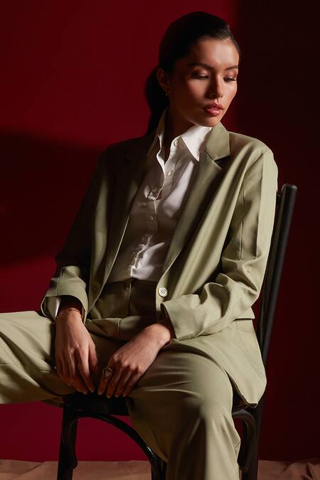 Tara And I Green Viscose, Polyester Single Button Blazer Online at Aza Fashions Tara And I_Green Viscose, Polyester Single Button Blazer_Online_at_Aza_Fashions