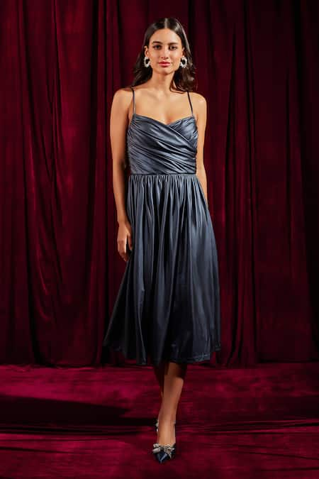 tara and i Blue Luxe Lame Sweetheart Neck Metallic Draped Bustier Midi Dress  