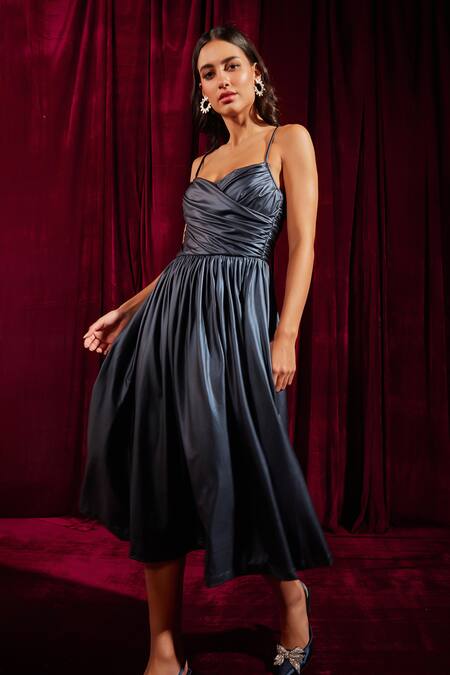 Tara And I Blue Lurex Sweetheart Neck Metallic Draped Bustier Midi Dress Online at Aza Fashions Tara And I_Blue Lurex Sweetheart Neck Metallic Draped Bustier Midi Dress _Online_at_Aza_Fashions