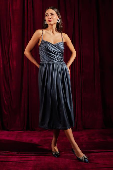 Shop Tara And I Blue Lurex Sweetheart Neck Metallic Draped Bustier Midi Dress Online at Aza Fashions Shop_Tara And I_Blue Lurex Sweetheart Neck Metallic Draped Bustier Midi Dress _Online_at_Aza_Fashions