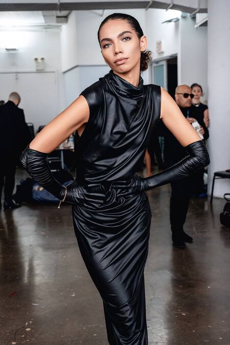 Buy Tara And I Black Lurex High Neck Solid Draped Midi Dress Online at Aza Fashions Buy_Tara And I_Black Lurex High Neck Solid Draped Midi Dress _Online_at_Aza_Fashions