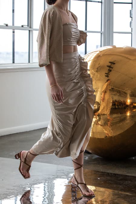 Tara And I Beige Faux Leather Ruffles Ruched Skirt Online at Aza Fashions Tara And I_Beige Faux Leather Ruffles Ruched Skirt _Online_at_Aza_Fashions