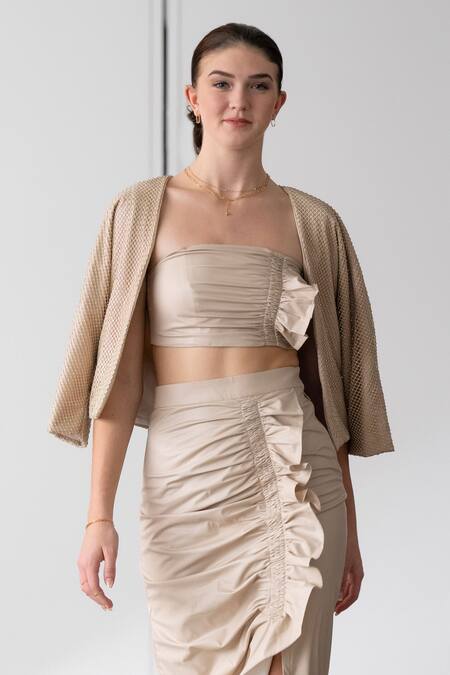 Buy Tara And I Beige Faux Leather Ruffles Ruched Skirt Online at Aza Fashions Buy_Tara And I_Beige Faux Leather Ruffles Ruched Skirt _Online_at_Aza_Fashions