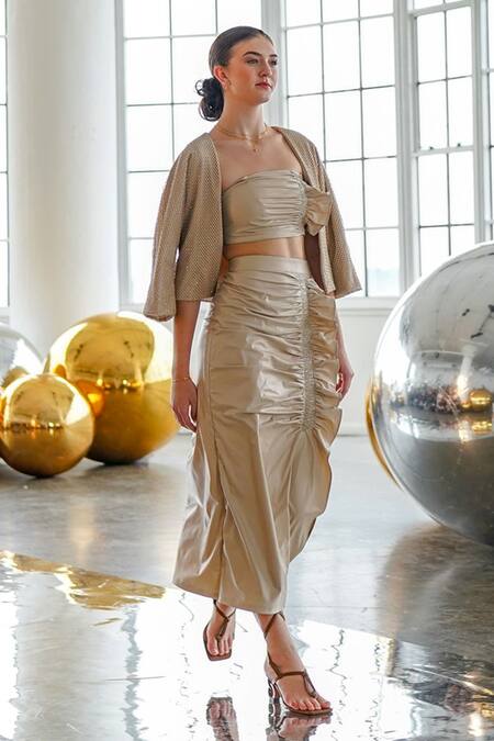 Shop Tara And I Beige Faux Leather Ruffles Ruched Skirt Online at Aza Fashions Shop_Tara And I_Beige Faux Leather Ruffles Ruched Skirt _Online_at_Aza_Fashions