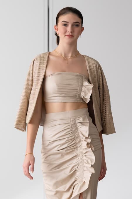 Shop Tara And I Beige Faux Leather Open Neck Mesh Overlay Bolero Jacket at Aza Fashions Shop_Tara And I_Beige Faux Leather Open Neck Mesh Overlay Bolero Jacket_at_Aza_Fashions