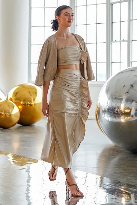 Buy Tara And I Beige Faux Leather Open Neck Mesh Overlay Bolero Jacket Online at Aza Fashions Buy_Tara And I_Beige Faux Leather Open Neck Mesh Overlay Bolero Jacket_Online_at_Aza_Fashions