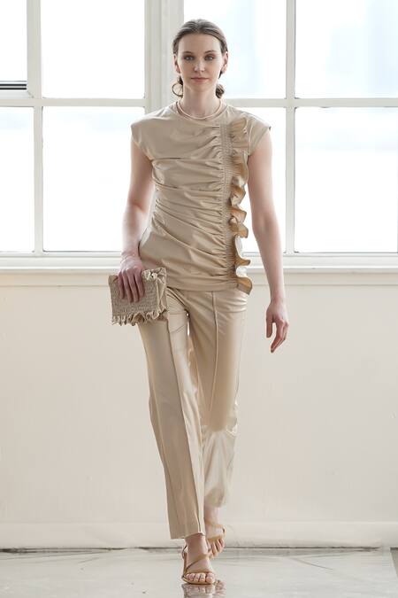 Tara And I_Beige Faux Leather Round Neck Ruffled Side Gathered Top_Online_at_Aza_Fashions