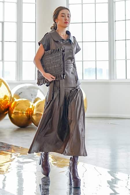 Shop Tara And I Brown Faux Leather Box Pleated Skirt at Aza Fashions Shop_Tara And I_Brown Faux Leather Box Pleated Skirt _at_Aza_Fashions