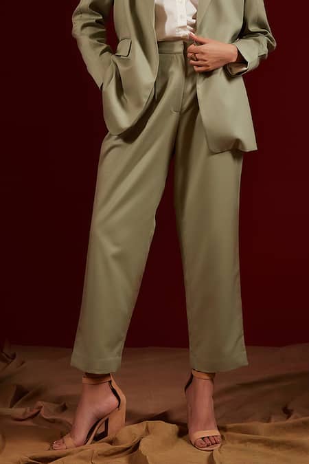 Buy_Tara And I_Green Viscose 70% Plain Ankle Length Trouser _Online_at_Aza_Fashions
