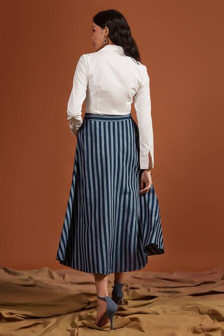 Shop Tara And I Blue Tencel Stripe Pattern Skirt at Aza Fashions Shop_Tara And I_Blue Tencel Stripe Pattern Skirt_at_Aza_Fashions