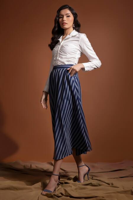 Tara And I Blue Tencel Stripe Pattern Skirt Online at Aza Fashions Tara And I_Blue Tencel Stripe Pattern Skirt_Online_at_Aza_Fashions