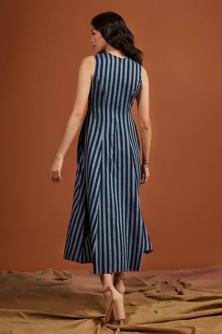 Shop Tara And I Blue Tencel Round Neck Stripe Pattern Midi Dress at Aza Fashions Shop_Tara And I_Blue Tencel Round Neck Stripe Pattern Midi Dress_at_Aza_Fashions