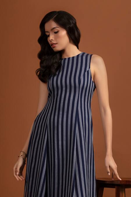 Tara And I Blue Tencel Round Neck Stripe Pattern Midi Dress Online at Aza Fashions Tara And I_Blue Tencel Round Neck Stripe Pattern Midi Dress_Online_at_Aza_Fashions