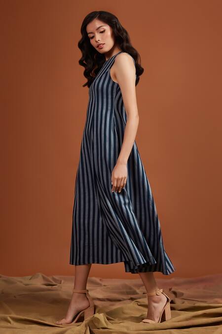 Tara And I Blue Tencel Round Neck Stripe Pattern Midi Dress at Aza Fashions Tara And I_Blue Tencel Round Neck Stripe Pattern Midi Dress_at_Aza_Fashions