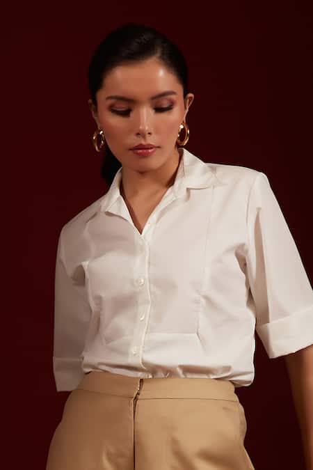 Tara And I_White Cotton Collared Plain Half Sleeve Shirt_Online_at_Aza_Fashions