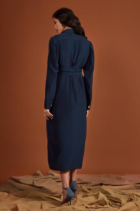 Shop Tara And I Blue Satin Collared Front Buttoned Shirt Dress With Belt at Aza Fashions Shop_Tara And I_Blue Satin Collared Front Buttoned Shirt Dress With Belt_at_Aza_Fashions
