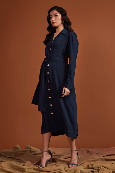 Tara And I Blue Satin Collared Front Buttoned Shirt Dress With Belt Online at Aza Fashions Tara And I_Blue Satin Collared Front Buttoned Shirt Dress With Belt_Online_at_Aza_Fashions
