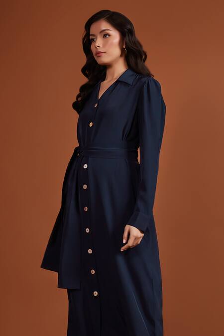 Buy Tara And I Blue Satin Collared Front Buttoned Shirt Dress With Belt Online at Aza Fashions Buy_Tara And I_Blue Satin Collared Front Buttoned Shirt Dress With Belt_Online_at_Aza_Fashions
