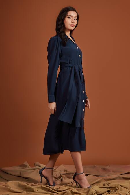 Shop Tara And I Blue Satin Collared Front Buttoned Shirt Dress With Belt Online at Aza Fashions Shop_Tara And I_Blue Satin Collared Front Buttoned Shirt Dress With Belt_Online_at_Aza_Fashions