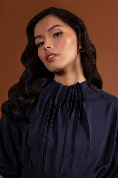 Tara And I Blue Satin High Neck Pleated Dress With Belt Online at Aza Fashions Tara And I_Blue Satin High Neck Pleated Dress With Belt_Online_at_Aza_Fashions