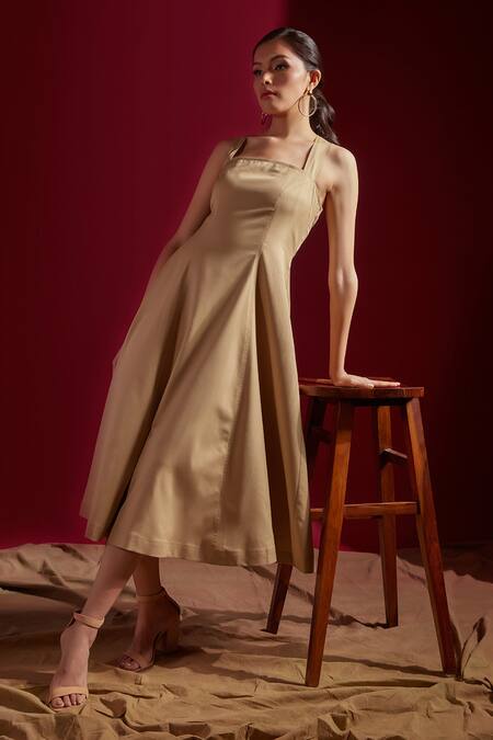 Tara And I_Brown Viscose, Polyester Square Neck Cross Strapped Midi Dress_Online_at_Aza_Fashions