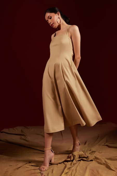 Shop_Tara And I_Brown Viscose, Polyester Square Neck Cross Strapped Midi Dress_Online_at_Aza_Fashions