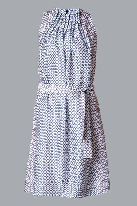 Tara And I_Multi Color Modal, Satin High Neck Geometric Print Dress With Belt_Online_at_Aza_Fashions