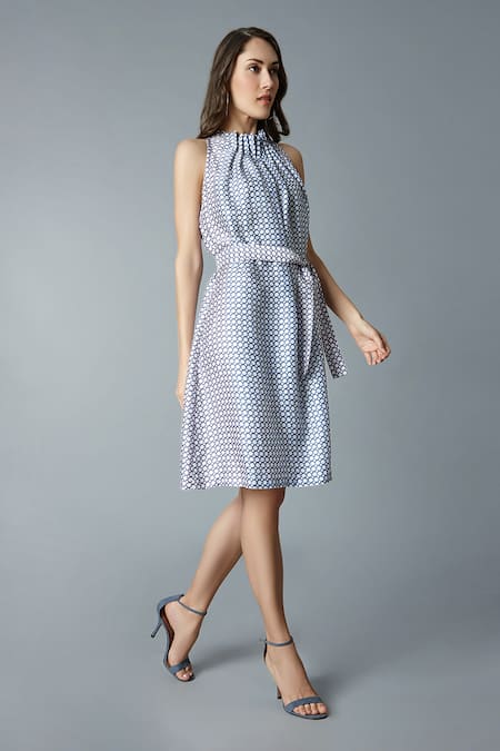 Buy_Tara And I_Multi Color Modal, Satin High Neck Geometric Print Dress With Belt_Online_at_Aza_Fashions