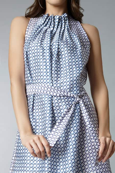 Shop_Tara And I_Multi Color Modal, Satin High Neck Geometric Print Dress With Belt_Online_at_Aza_Fashions