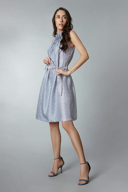 Tara And I_Multi Color Modal, Satin High Neck Geometric Print Dress With Belt_at_Aza_Fashions