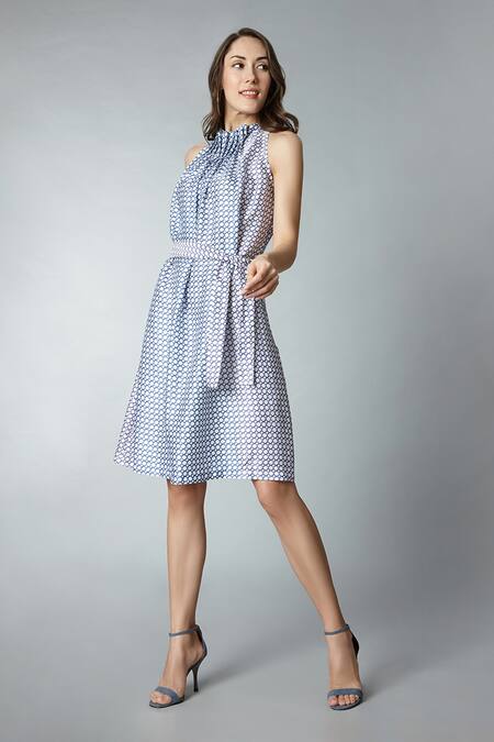 Buy_Tara And I_Multi Color Modal, Satin High Neck Geometric Print Dress With Belt