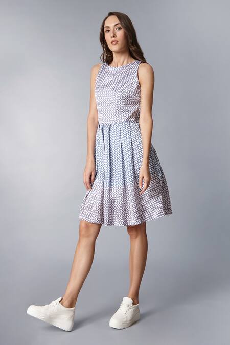 Shop_Tara And I_Multi Color Modal, Satin Round Neck Geometric Print Dress_Online_at_Aza_Fashions