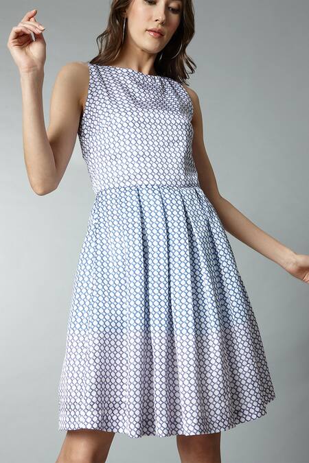 Tara And I_Multi Color Modal, Satin Round Neck Geometric Print Dress_at_Aza_Fashions