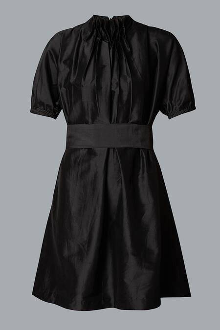 Tara And I Black Silk High Neck Plain Short Dress With Belt Online at Aza Fashions Tara And I_Black Silk High Neck Plain Short Dress With Belt_Online_at_Aza_Fashions