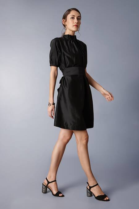 Buy Tara And I Black Silk High Neck Plain Short Dress With Belt Online at Aza Fashions Buy_Tara And I_Black Silk High Neck Plain Short Dress With Belt_Online_at_Aza_Fashions