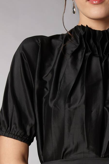 Shop Tara And I Black Silk High Neck Plain Short Dress With Belt Online at Aza Fashions Shop_Tara And I_Black Silk High Neck Plain Short Dress With Belt_Online_at_Aza_Fashions