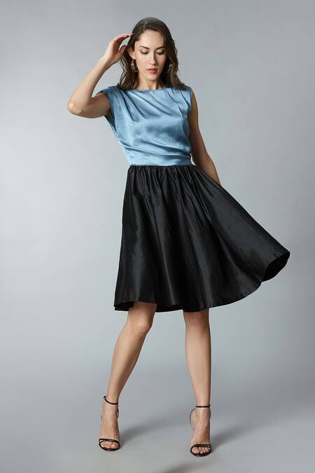 Tara And I Blue Modal, Silk Asymmetric Color Block Dress Online at Aza Fashions Tara And I_Blue Modal, Silk Asymmetric Color Block Dress _Online_at_Aza_Fashions