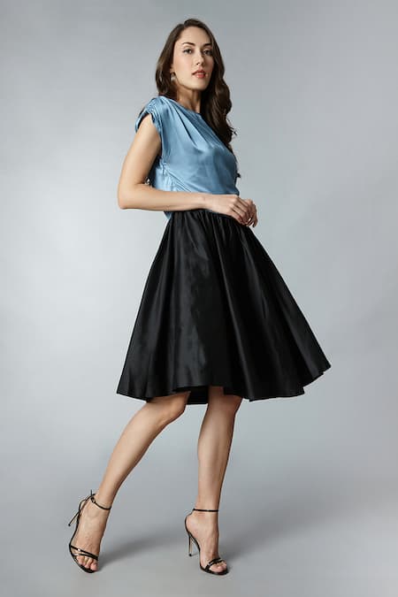 Shop Tara And I Blue Modal, Silk Asymmetric Color Block Dress Online at Aza Fashions Shop_Tara And I_Blue Modal, Silk Asymmetric Color Block Dress _Online_at_Aza_Fashions