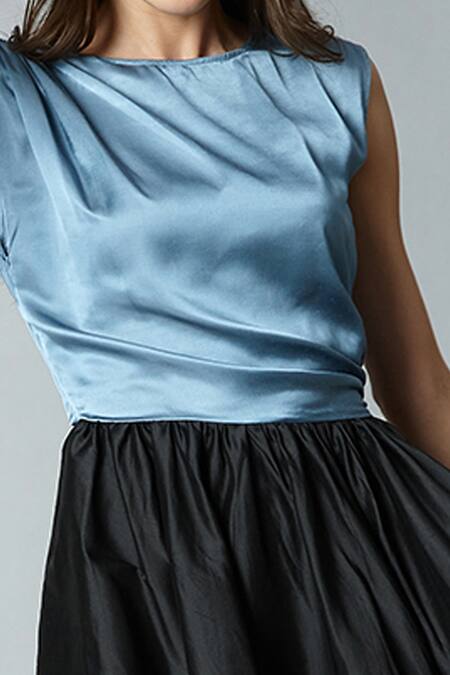 Buy Tara And I Blue Modal, Silk Asymmetric Color Block Dress Buy_Tara And I_Blue Modal, Silk Asymmetric Color Block Dress