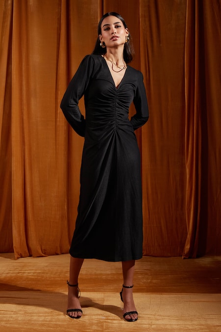 tara and i Black Tencel Knit Plain V Neck Ruched Full Sleeve Midi Dress 