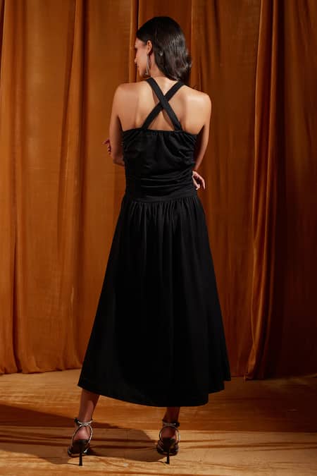 Shop Tara And I Black Tencel V-neck Ruched Cross Strapped Midi Dress at Aza Fashions Shop_Tara And I_Black Tencel V-neck Ruched Cross Strapped Midi Dress _at_Aza_Fashions