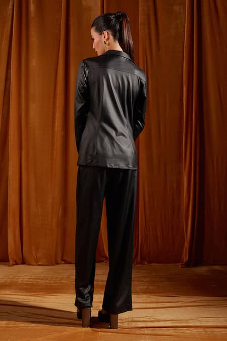 Shop Tara And I Black Lurex Collared Plain Ruched Shirt at Aza Fashions Shop_Tara And I_Black Lurex Collared Plain Ruched Shirt _at_Aza_Fashions