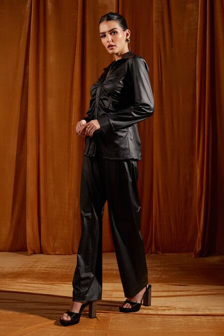 Buy Tara And I Black Lurex Collared Plain Ruched Shirt Online at Aza Fashions Buy_Tara And I_Black Lurex Collared Plain Ruched Shirt _Online_at_Aza_Fashions