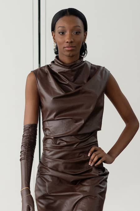 Shop Tara And I Brown Faux Leather Cowl Neck Draped Dress at Aza Fashions Shop_Tara And I_Brown Faux Leather Cowl Neck Draped Dress _at_Aza_Fashions